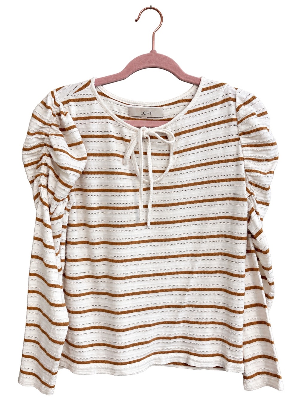 LOFT Striped Puff Sleeve Tie-Neck Sweater – Size Small